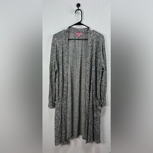 Hale Bob Cardigan Sweater Womens Sz M Open Long Line Duster Pockets  Gray white